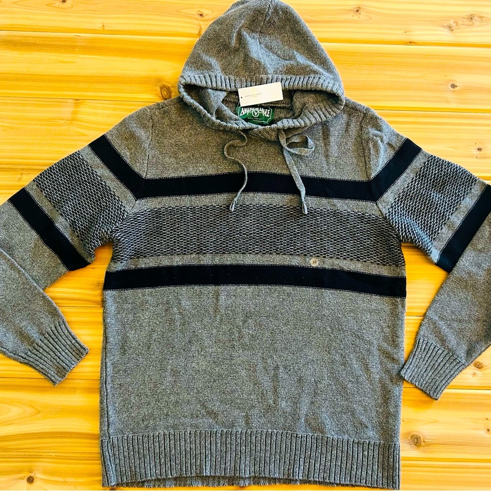 NEW American Eagle AE Striped Hoodie Hooded Pullover Sweater Gray Black Men’s M